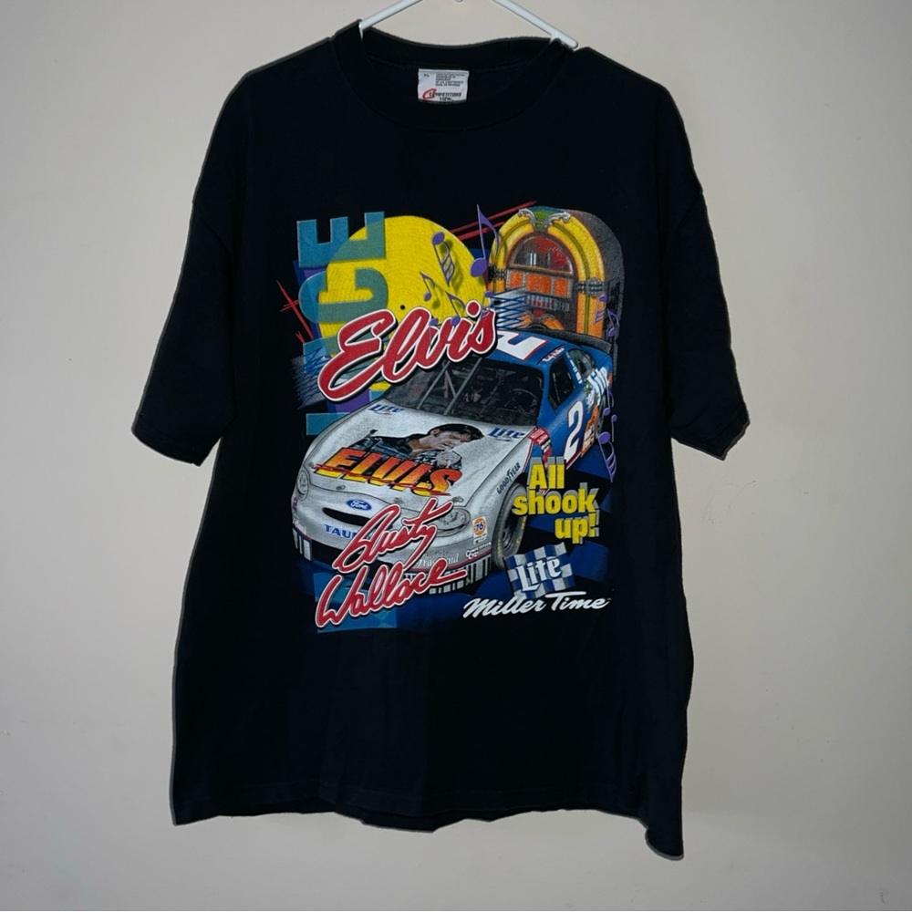 Vintage 90s NASCAR Elvis Presley Rusty Wallace All Over Print T Shirt Mens XL